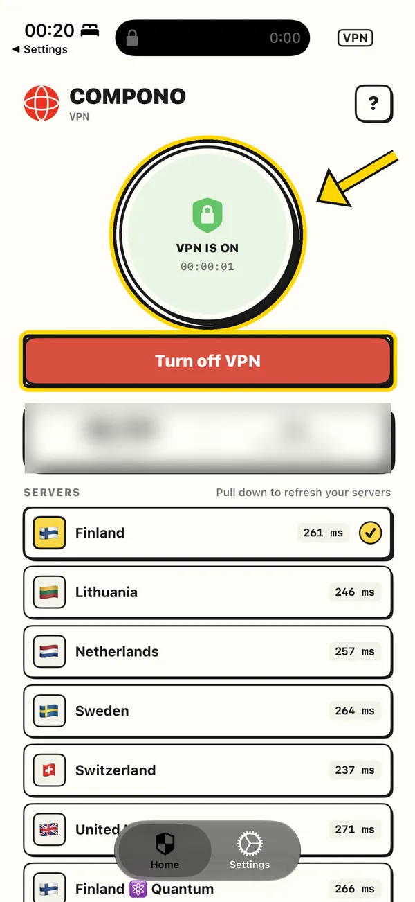 Compono home screen with the VPN on